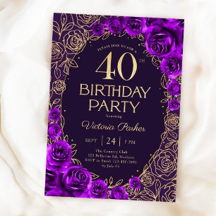 Blommig 40-årsdag Lila Guld Inbjudningar