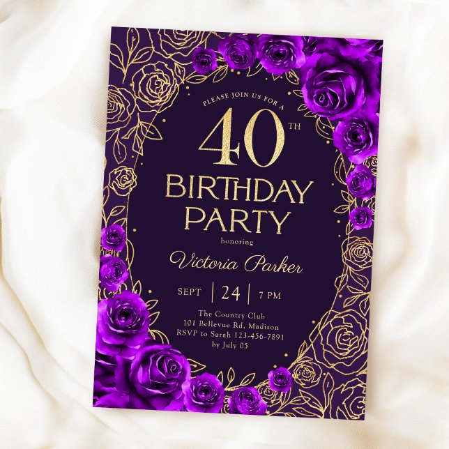 Blommig 40-årsdag Lila Guld Inbjudningar (Skapare uppladdad)