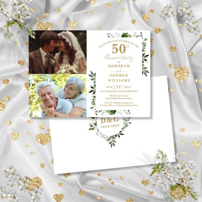 Blommig 50-års bröllopsdag Då och nu 2 Foto Inbjudningar (Floral 50th Wedding Anniversary Then & Now 2 Photo Invitation)