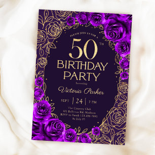 Blommig 50-årsdag Lila Guld Inbjudningar