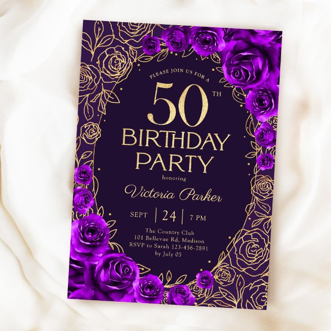 Blommig 50-årsdag Lila Guld Inbjudningar (Skapare uppladdad)