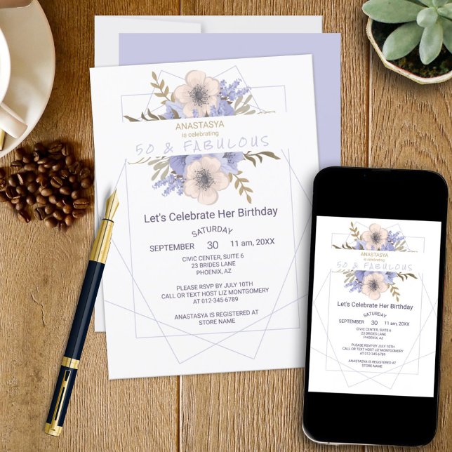 Blommig 50 och fantastisk violett persikoros födel inbjudningar (This template birthday invitation can be ordered as a printed product and / or downloadable.)