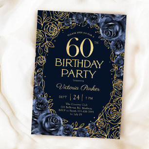 Blommig 60-årsdag Navyblå Guld Inbjudningar