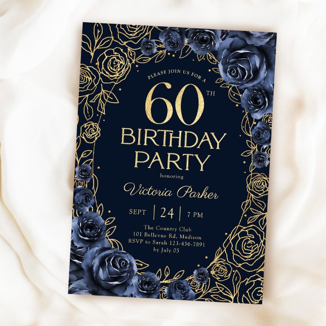 Blommig 60-årsdag Navyblå Guld  Inbjudningar (Skapare uppladdad)
