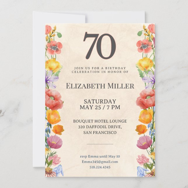 Blommig 70-årsdag – Elegant trädgårdsdesign 70 Inbjudningar (Framsida)