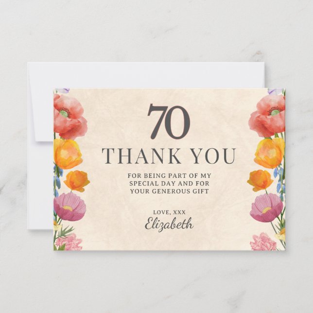 Blommig 70-årsdag – Elegant trädgårdsdesign 70 Tack Kort (Framsida)