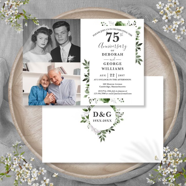 Blommig 75-års bröllopsjubileum då och nu 2 bilder inbjudningar (Floral 75th Wedding Anniversary Then & Now 2 Photo Invitation)