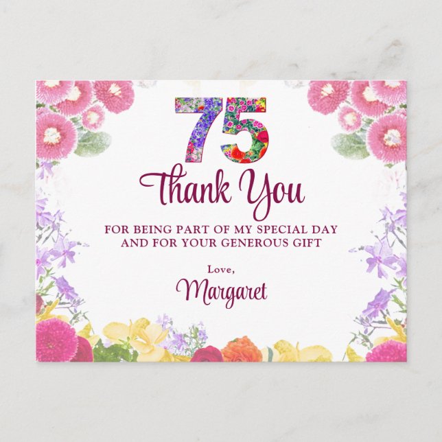 Blommig 75-årsdag Tack Elegant Vykort (Framsida)