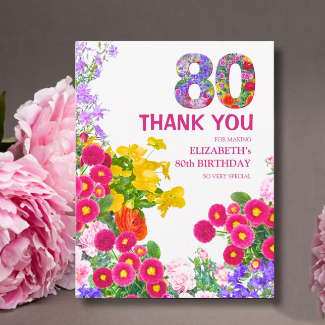 Blommig 80-årsdag - Elegant trädgårdsdesign Tack Kort (Skapare uppladdad)