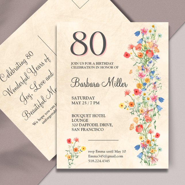 Blommig 80-årsfirande Elegant Fest Inbjudan Vykort (Skapare uppladdad)