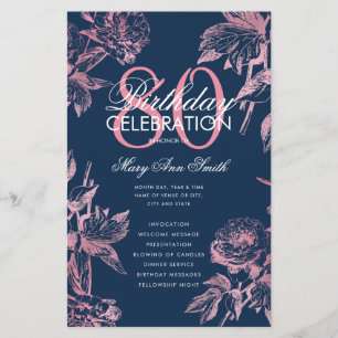 Blommig 80-årsfirande Program Rose Gold Navy Meny