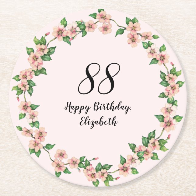Blommig 88-årsdag Vacker rosafärgad Underlägg Papper Rund (Framsidan)