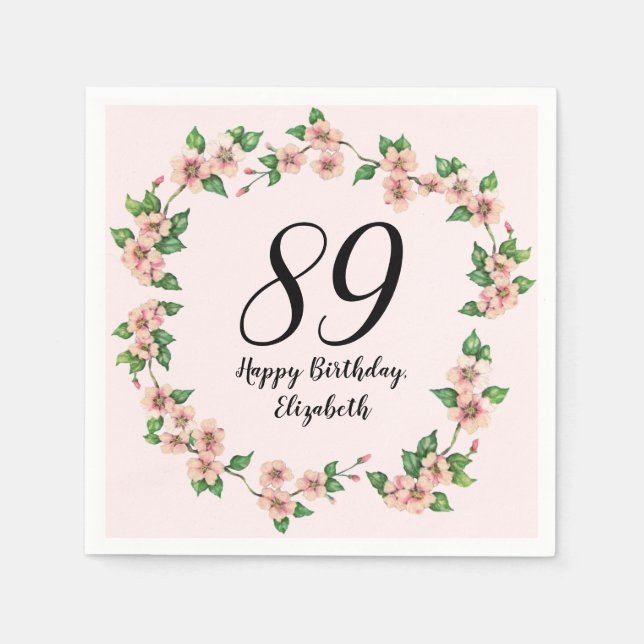 Blommig 89-årsdag Söt rosa nyans Pappersservett (Framsidan)