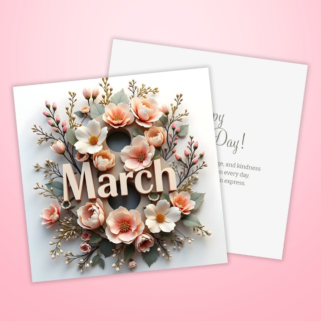 Blommig 8 mars Internationella kvinnodagen Julkort (Floral 8 March International Women's Day Holiday Card)