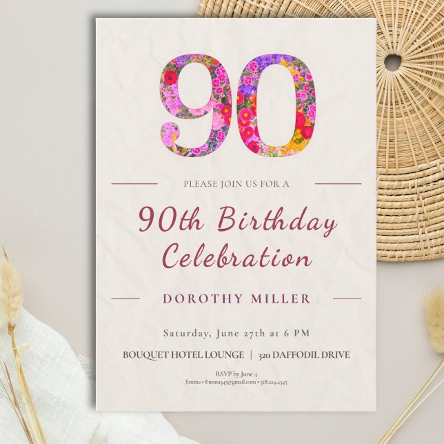 Blommig 90-årsdag - Elegant Firande Inbjudningar (Skapare uppladdad)