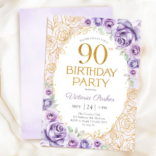Blommig 90-årsdag Lila Lila Guld Inbjudningar