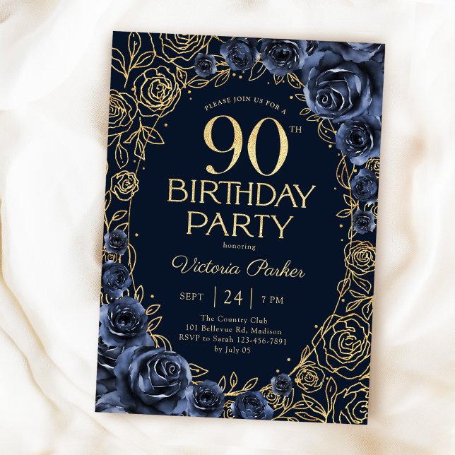 Blommig 90-årsdag Navyblå Guld  Inbjudningar (Skapare uppladdad)
