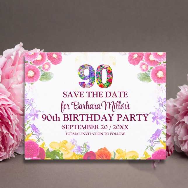 Blommig 90-årsdag save the date, elegant 90 meddelande vykort (Skapare uppladdad)