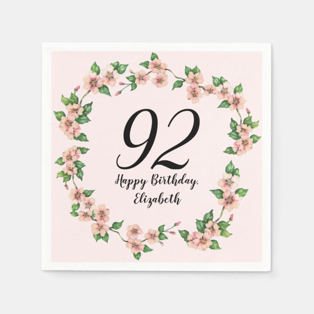 Blommig 92-årsdag Söt rosa nyans Pappersservett (Framsidan)