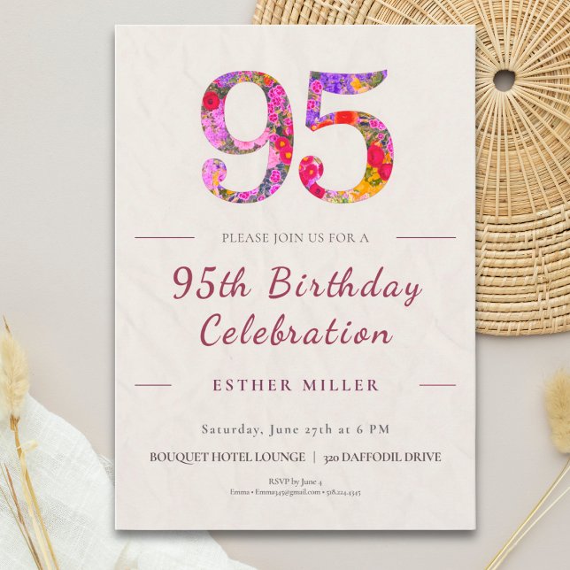 Blommig 95-årsdag - Elegant Firande Inbjudningar (Skapare uppladdad)