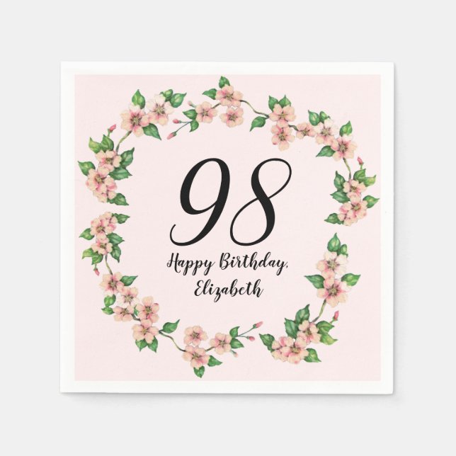 Blommig 98-årsdag Vacker rosa nyans Pappersservett (Framsidan)