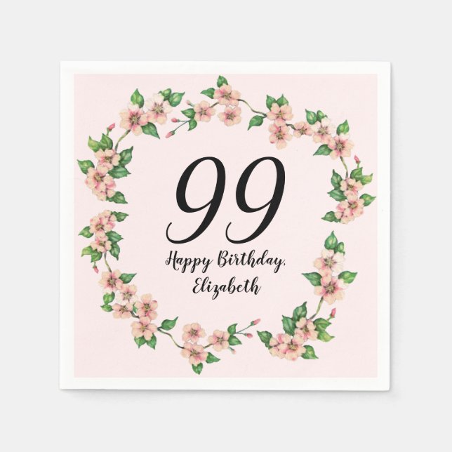 Blommig 99-årsdag Söt rosa nyans Pappersservett (Framsidan)