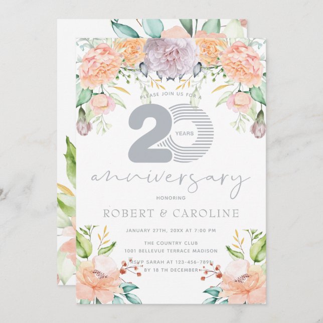 Blommig akvarell 20-års bröllopsdag inbjudningar (Fram/baksida)