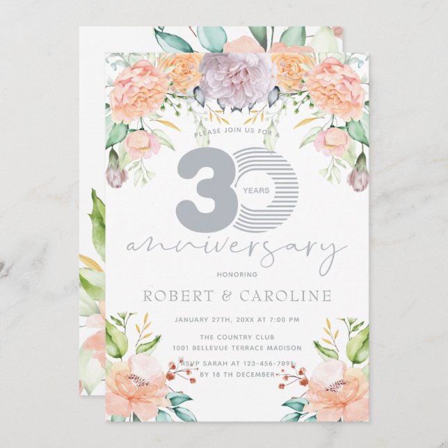 Blommig akvarell 30-års bröllopsdag inbjudningar (Fram/baksida)