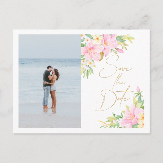 Blommig akvarell bröllopsfotografi Spara datum Inbjudan Vykort (Framsida)