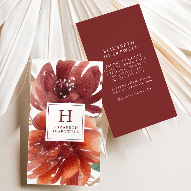 Blommig akvarell Burgundy Bränd Orange Monogram Visitkort (Skapare uppladdad)