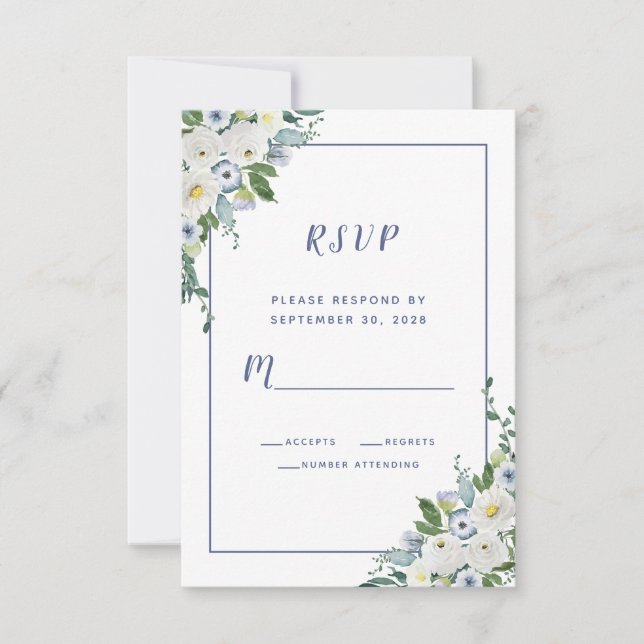 Blommig akvarell Elegant bröllop Vitt Blått RSVP OSA Kort (Framsida)