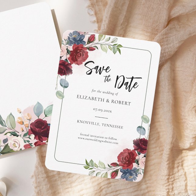 Blommig akvarell Elegant Modern Bröllop Spara Datumet (Watercolor Floral Burgundy Script Save the Date Announcement)