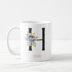 Blommig akvarell H monogram namn svarta prickar Kaffemugg