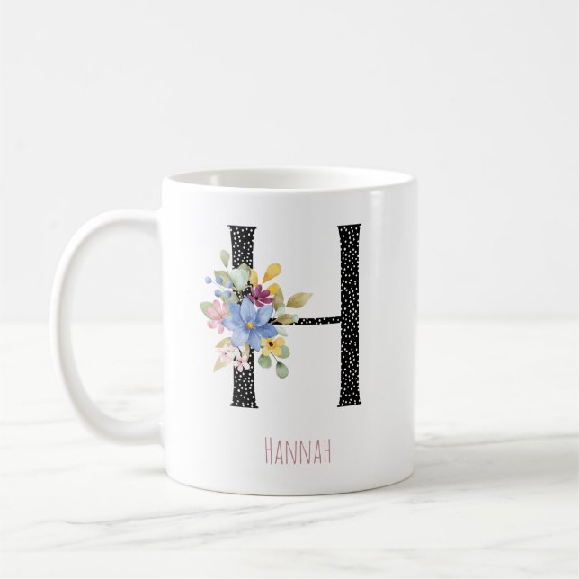 Blommig akvarell H monogram namn svarta prickar  Kaffemugg (Vänster)