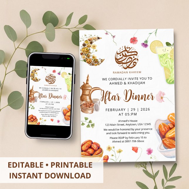 Blommig akvarell Iftar-måltid Ramadan Iftar-middag Inbjudningar (Skapare uppladdad)