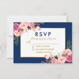 Blommig akvarell Rosa Blå Guld Bröllop RSVP OSA Kort