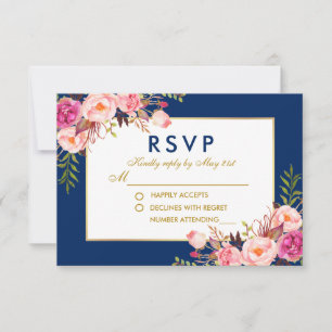 Blommig akvarell Rosa Blå Guld Bröllop RSVP OSA Kort