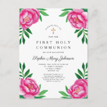Blommig akvarell Rosa Peonies Första Kommunion