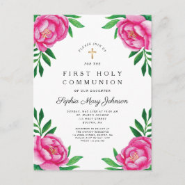 Blommig akvarell Rosa Peonies Första Kommunion Inbjudan Vykort