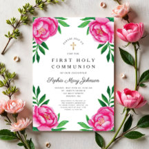 Blommig akvarell Rosa Peonies Första Kommunion