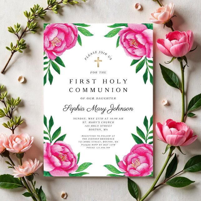 Blommig akvarell Rosa Peonies Första Kommunion Inbjudningar (Floral Watercolor Pink Peonies First Communion Invitation)