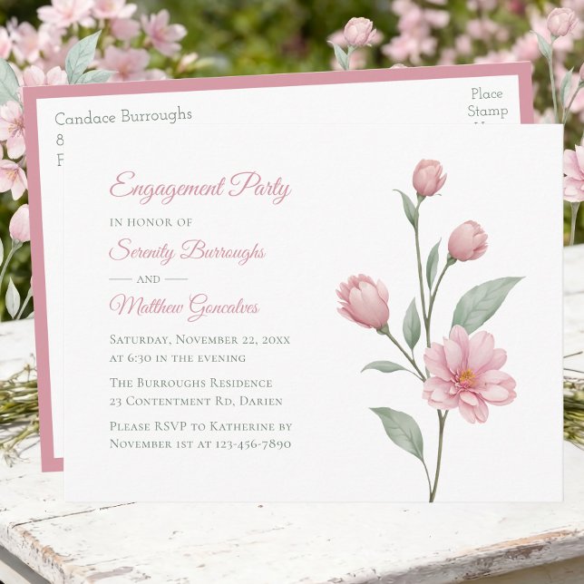 Blommig akvarell Rosa Salvia Förlovningsfest Inbjudan Vykort (Skapare uppladdad)