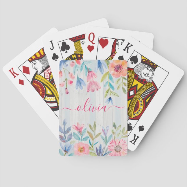 Blommig akvarell rustik monogram casinokort (Baksidan)