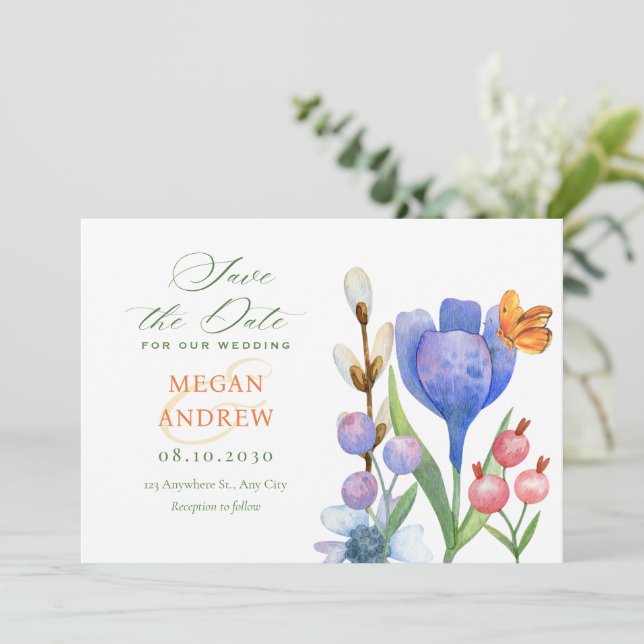 Blommig akvarell spara datumet (Stående Fram)