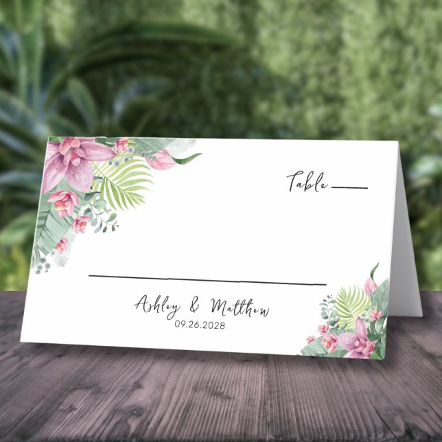 Blommig akvarell Tropisk Bröllop Placeringskort (Elegant Palm Floral Watercolor Tropical Wedding Place Card)