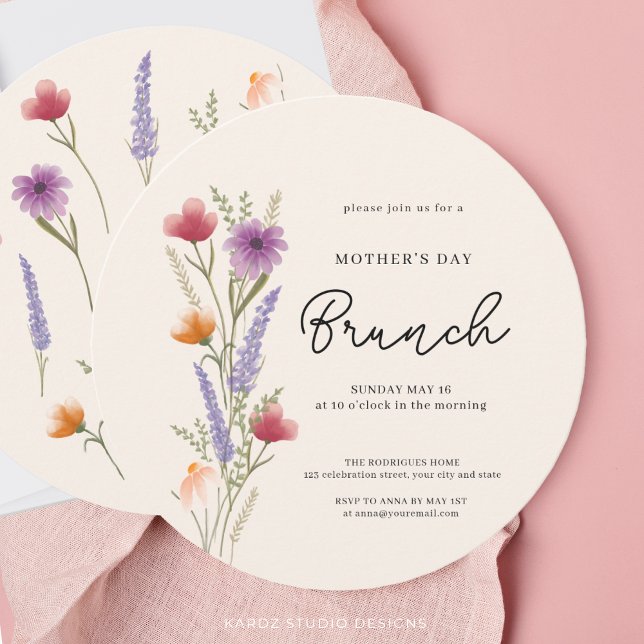 Blommig akvarellbrunch Mors dag Inbjudningar (Front and back of round invitation in 5.25 inches. )