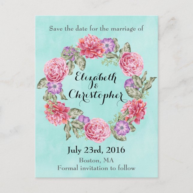 Blommig akvarellkrans Bröllop Spara Datumet Meddelande Vykort (Framsida)