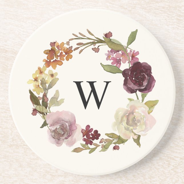 Blommig akvarellkrans Monogram Beige Underlägg (Framsidan)
