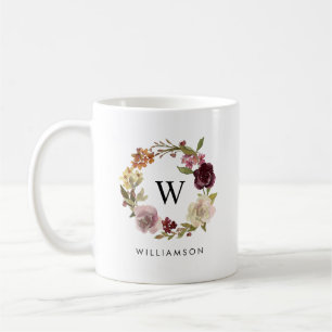 Blommig akvarellkrans Monogram Familjenamn Kaffemugg
