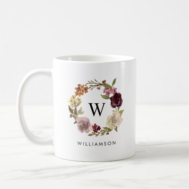 Blommig akvarellkrans Monogram Familjenamn Kaffemugg (Vänster)